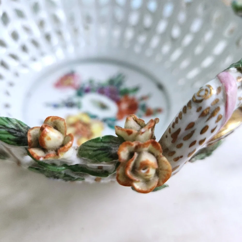 Vintage Dresden Floral Porcelain Basket‎ Reticulated Bowl Handles Cottage Decor